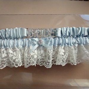 Bridal Garter Set Blue Satin with White Floral Lace - Rhinestone Bride, Flower